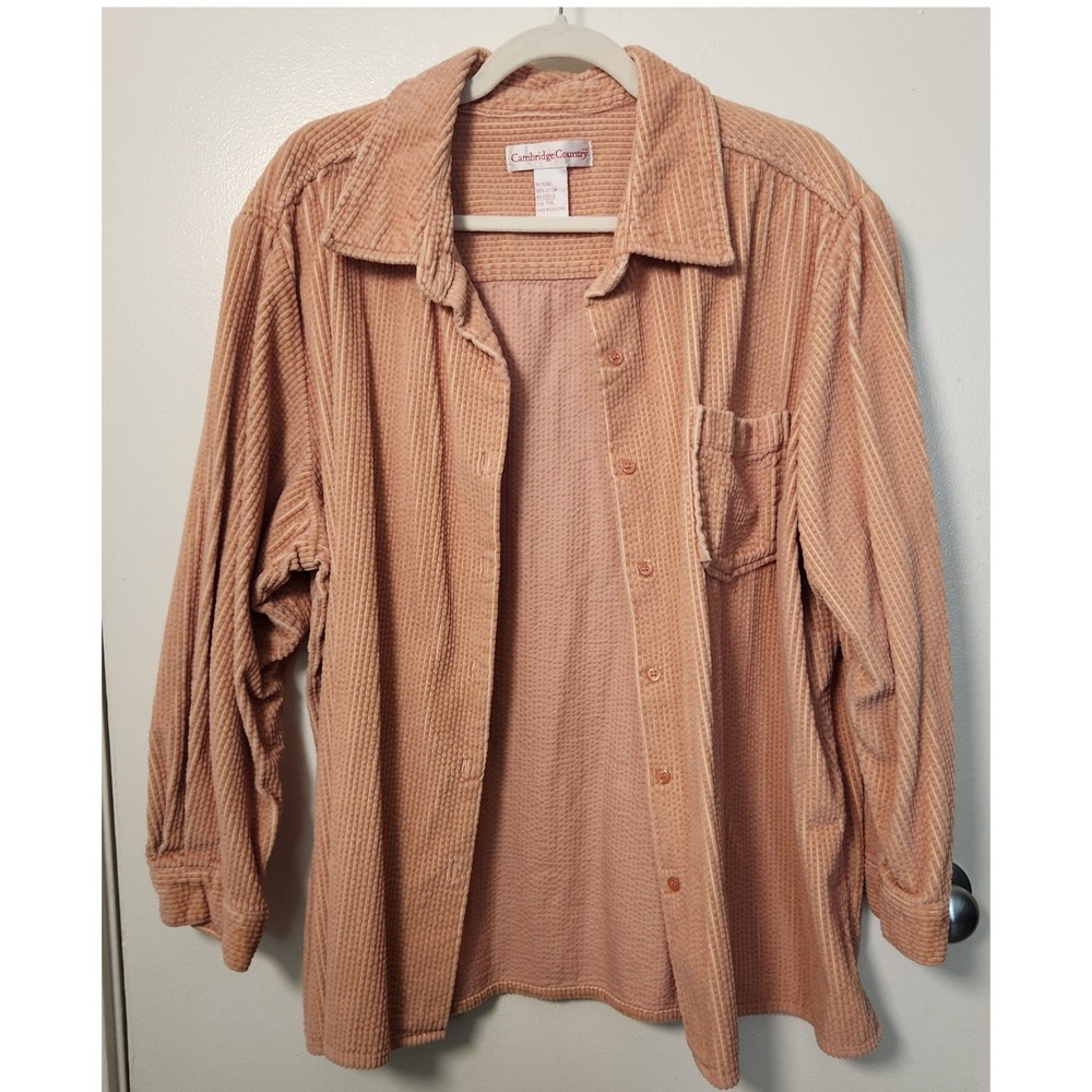 Vtg Cambridge Country Women's Peach Wide Whale Corduroy Shacket Shirt Button 1XL